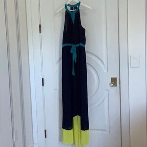 Max Studio Navy Blue with Lemon Yellow, Maxi Halter Neck Dress